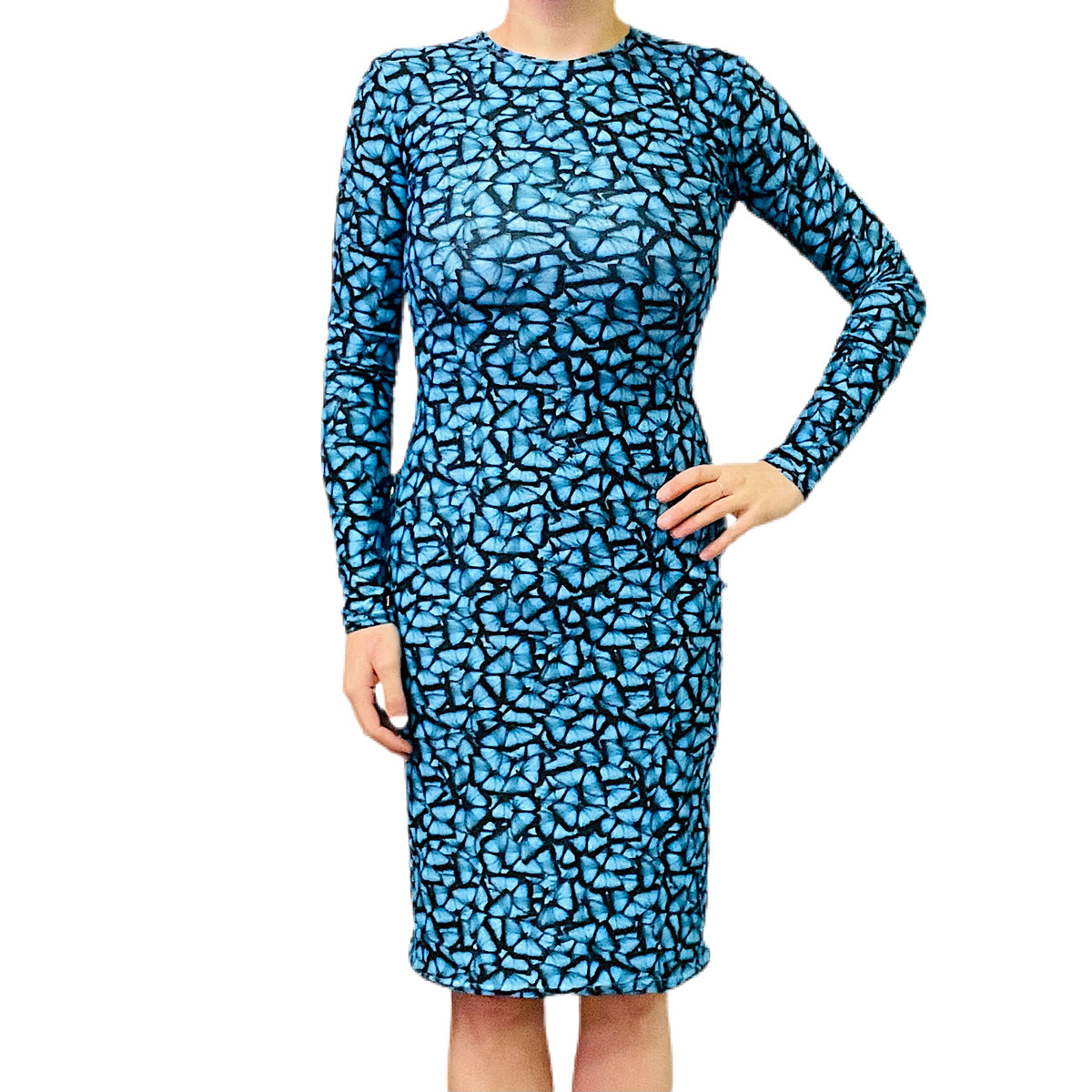 Blue Butterfly Long Sleeve Bodycon Dress L