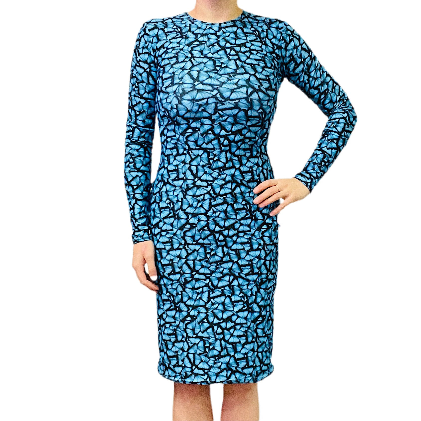 Blue Butterfly Long Sleeve Bodycon Dress L