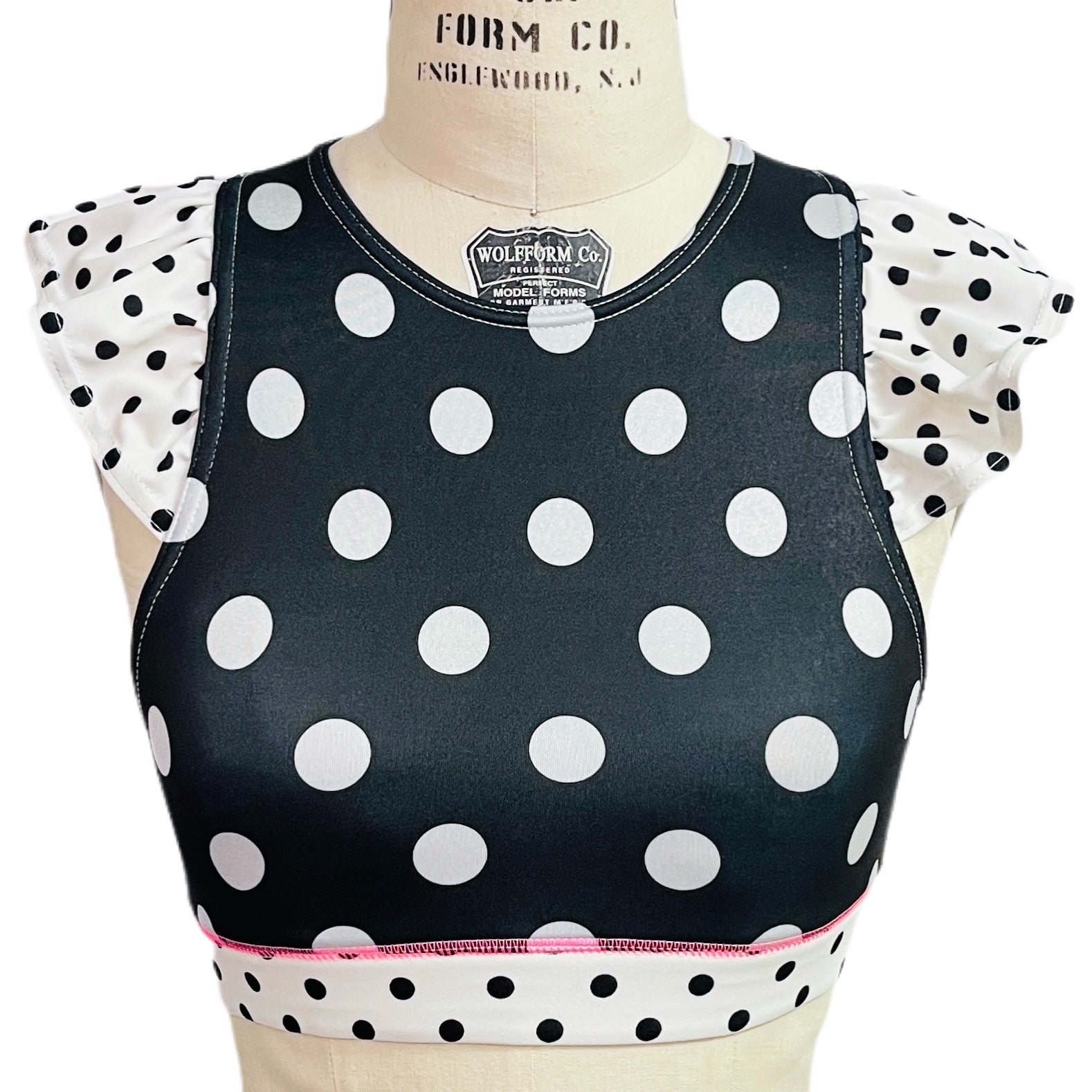 White Black Polka Dot Ruffles Sleeveless Shirt Blouse